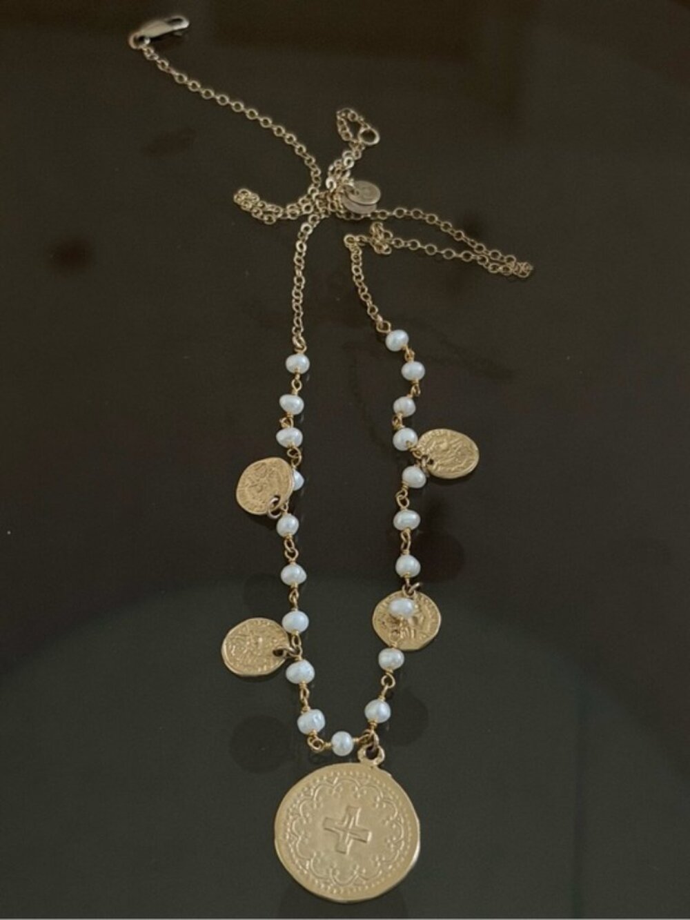Gold Coin and Pearl Beaded Necklace